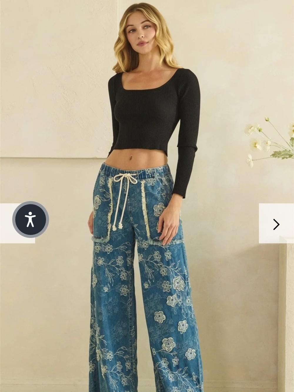Oli & Hali Blue Floral Embroidered Wide-Leg Jeans with Drawstring - Picture 2 of 3